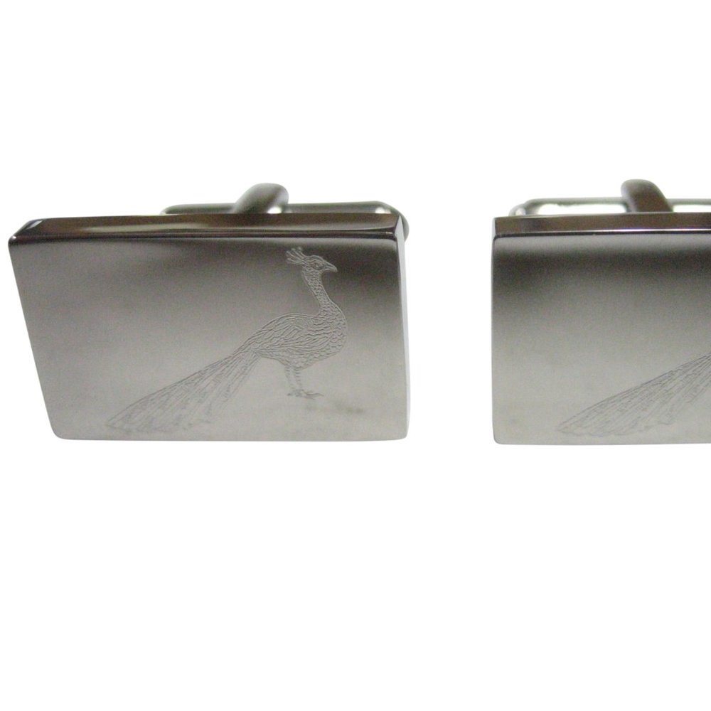 Silver Toned Rectangular Etched Peacock Bird Cufflinks